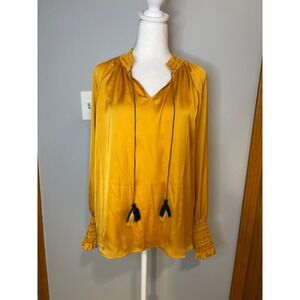 Lord & Taylor Mustard Yellow Satin Smocked V-Neck Tassel Boho Peasant Blouse XS